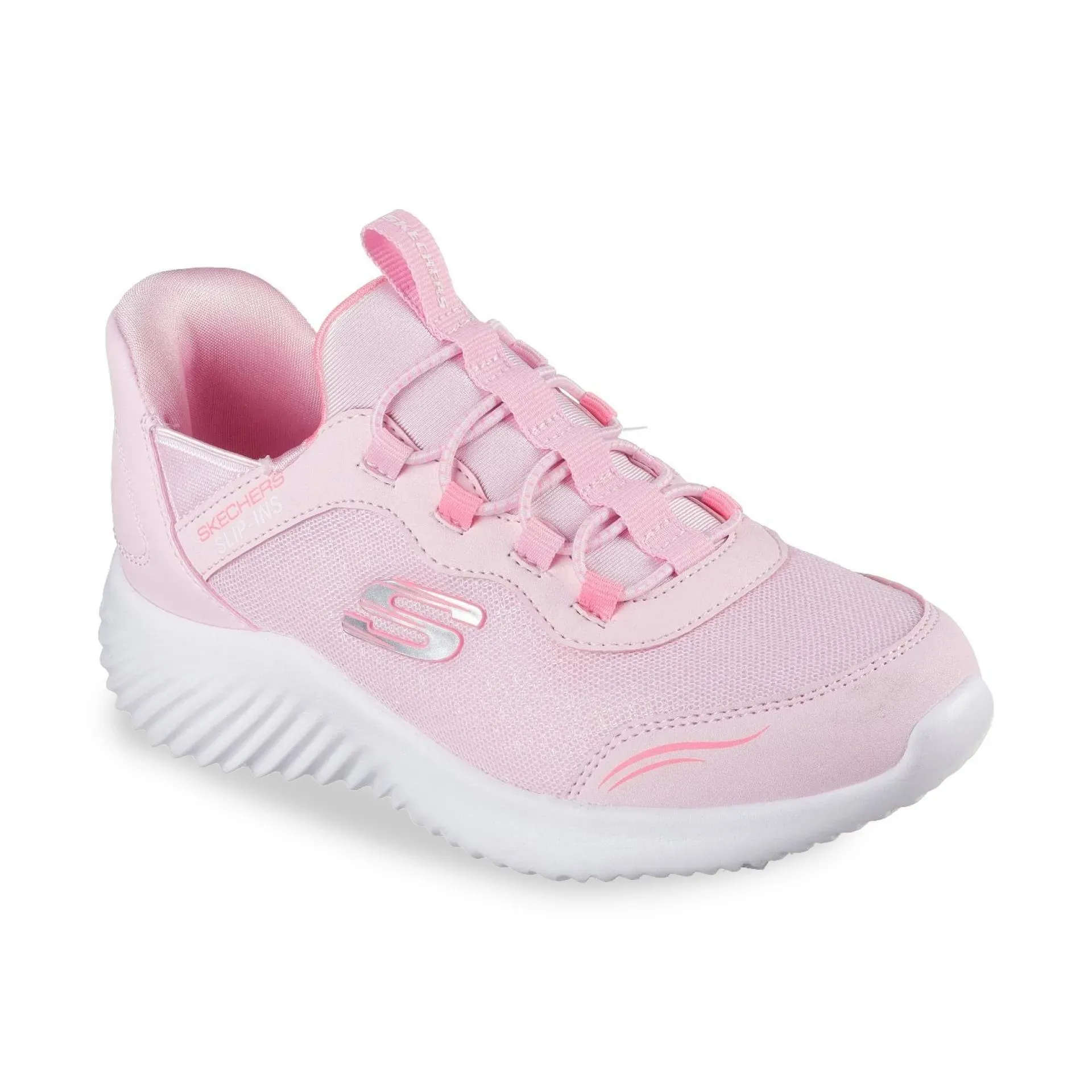 Tênis infantil feminino Skechers rosa claro com detalhes de conforto e design
